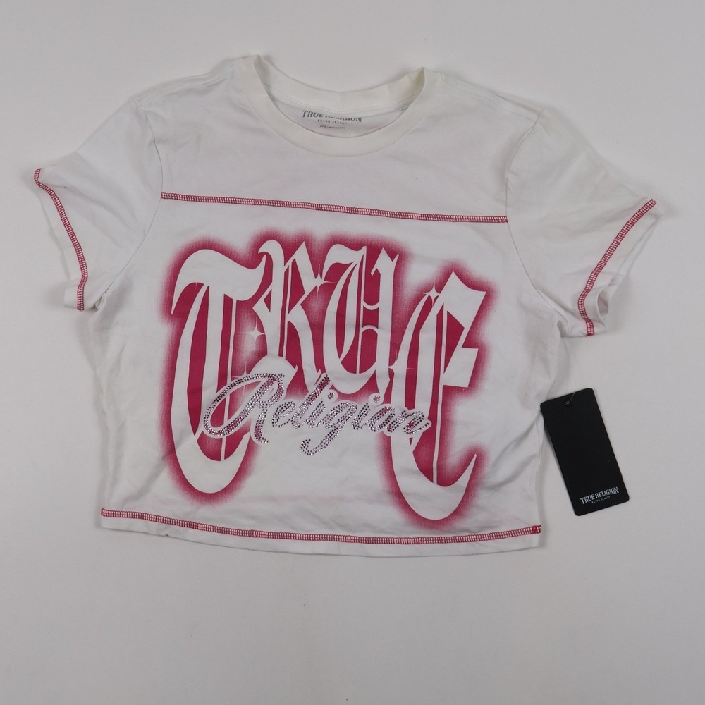 True Religion Crop Top Original Stitch White Red Graphic Large NWT